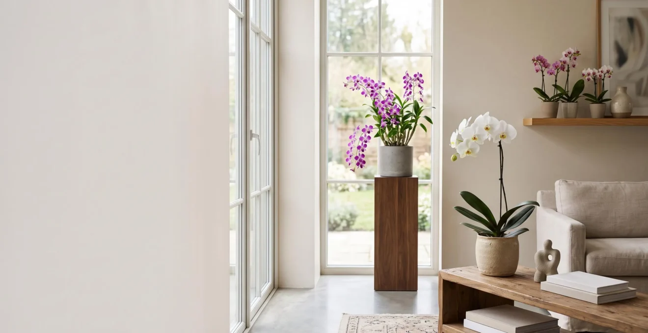 Salon contemporain lumineux avec plusieurs compositions d'orchidees disposees comme dans une galerie botanique