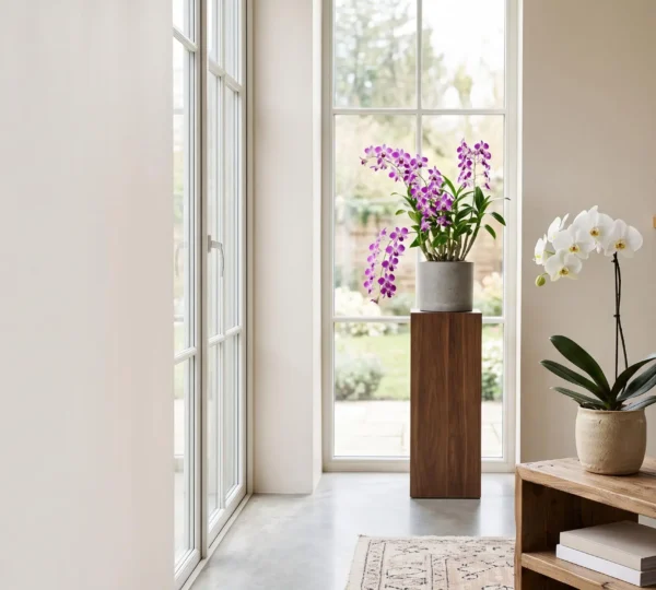 Salon contemporain lumineux avec plusieurs compositions d'orchidees disposees comme dans une galerie botanique