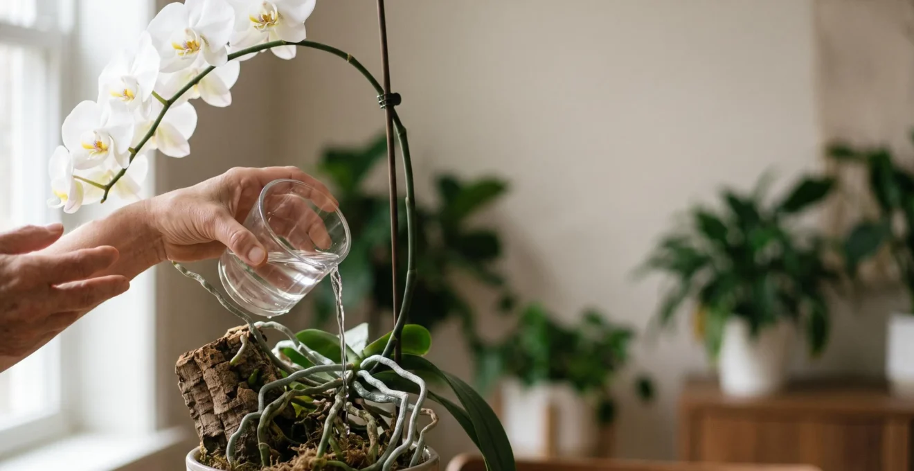 Mains versant délicatement de l'eau sur les racines argentées d'une orchidée pour déclencher sa floraison