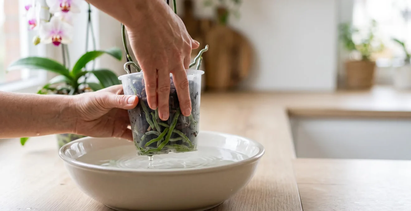Mains plongeant delicatement un pot d'orchidee transparent dans une bassine d'eau pour un bassinage hebdomadaire