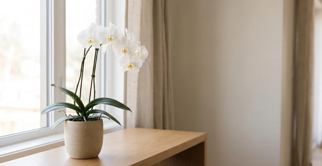 Orchidee blanche elegante dans un cache-pot en ceramique pose sur une table en bois clair pres d'une fenetre lumineuse