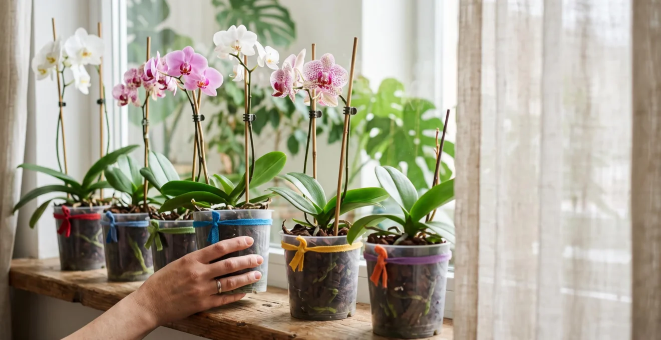Collection d'orchidées en pots transparents alignées sur un rebord de fenêtre lumineux, chacune marquée d'un repère de couleur différent
