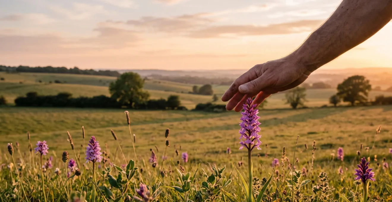 Une main de promeneur effleurant délicatement une orchidée sauvage dans une prairie calcaire, sans la cueillir, symbole de la protection citoyenne de la flore