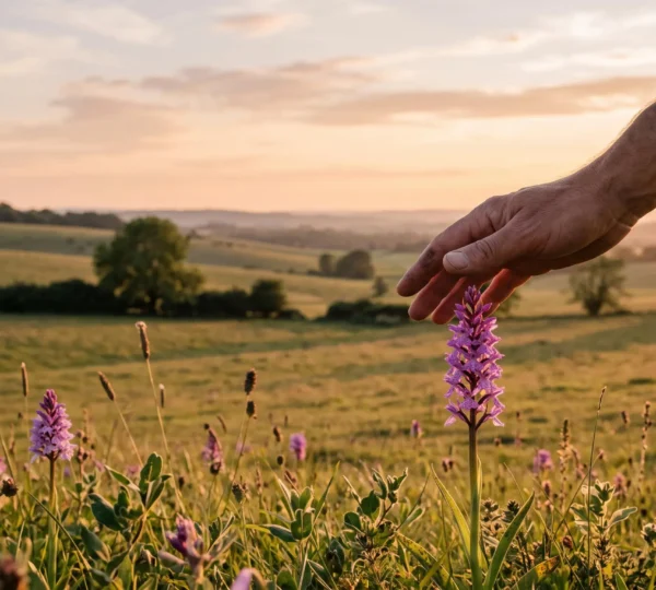 Une main de promeneur effleurant délicatement une orchidée sauvage dans une prairie calcaire, sans la cueillir, symbole de la protection citoyenne de la flore