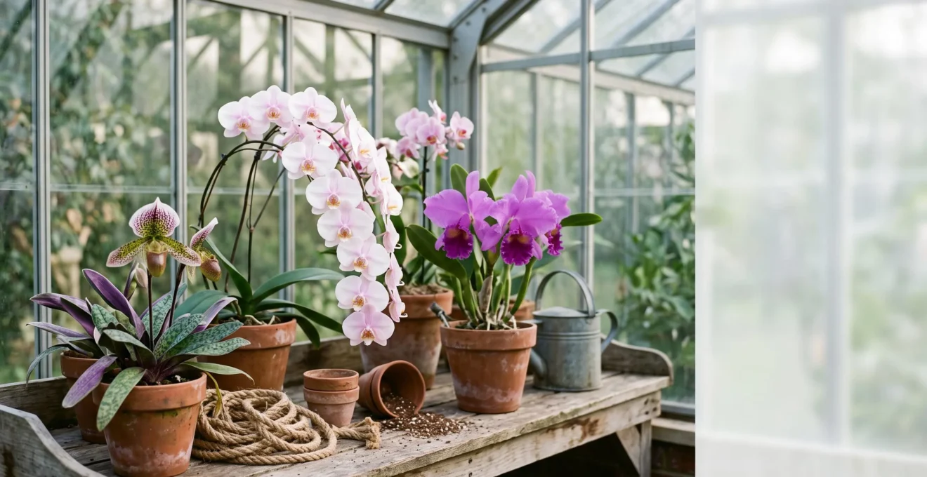 Une sélection variée d'orchidées exotiques rares aux couleurs et formes spectaculaires dans une serre lumineuse