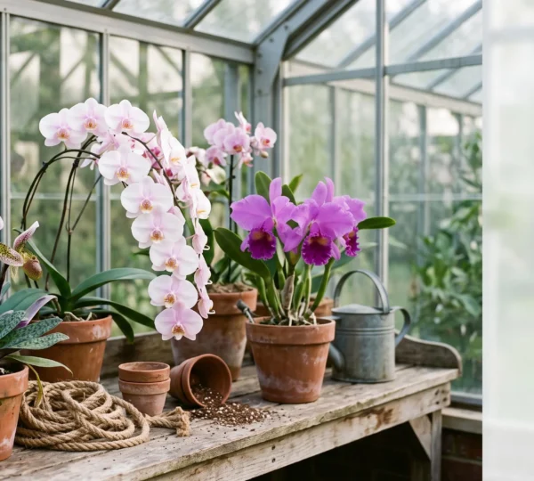 Une sélection variée d'orchidées exotiques rares aux couleurs et formes spectaculaires dans une serre lumineuse