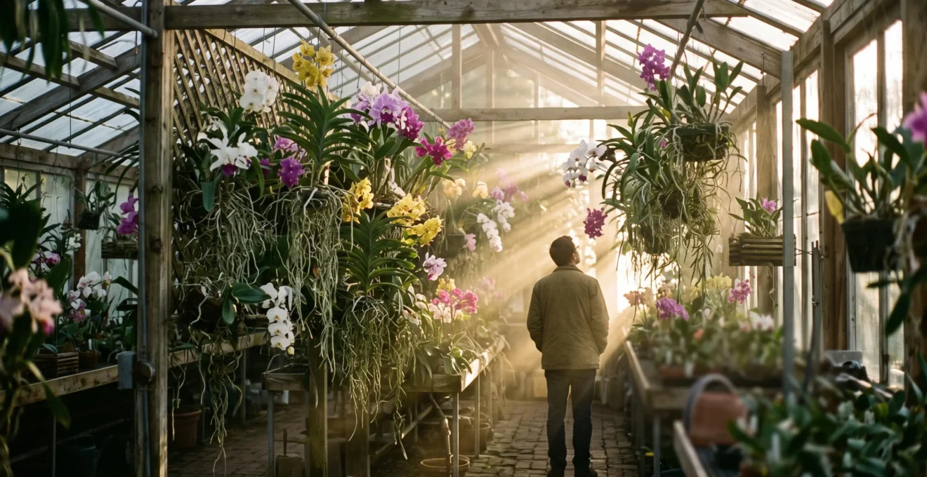 Silhouette contemplant une vaste collection d'orchidées tropicales suspendues dans une serre baignée de lumière dorée