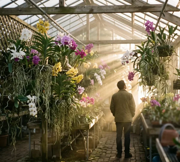 Silhouette contemplant une vaste collection d'orchidées tropicales suspendues dans une serre baignée de lumière dorée