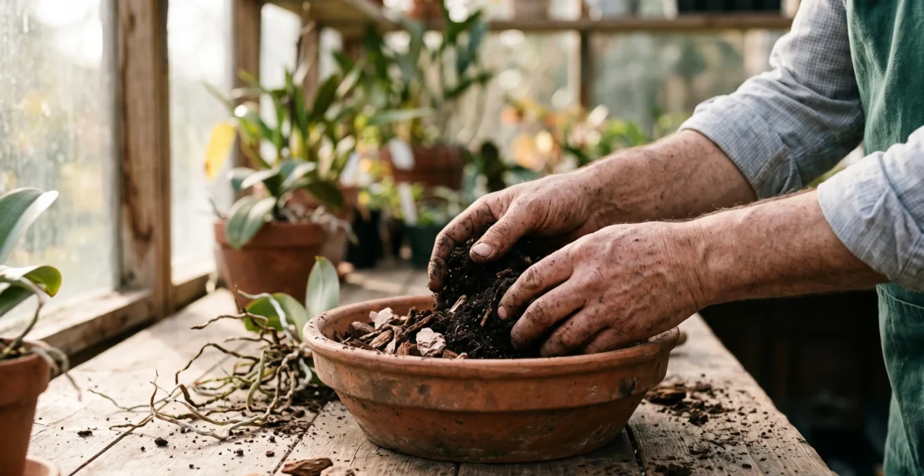 Mains d'un jardinier melangeant un compost fin avec des ecorces sur une table en bois, en lumiere naturelle