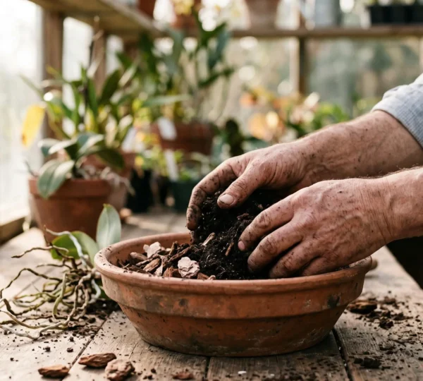 Mains d'un jardinier melangeant un compost fin avec des ecorces sur une table en bois, en lumiere naturelle