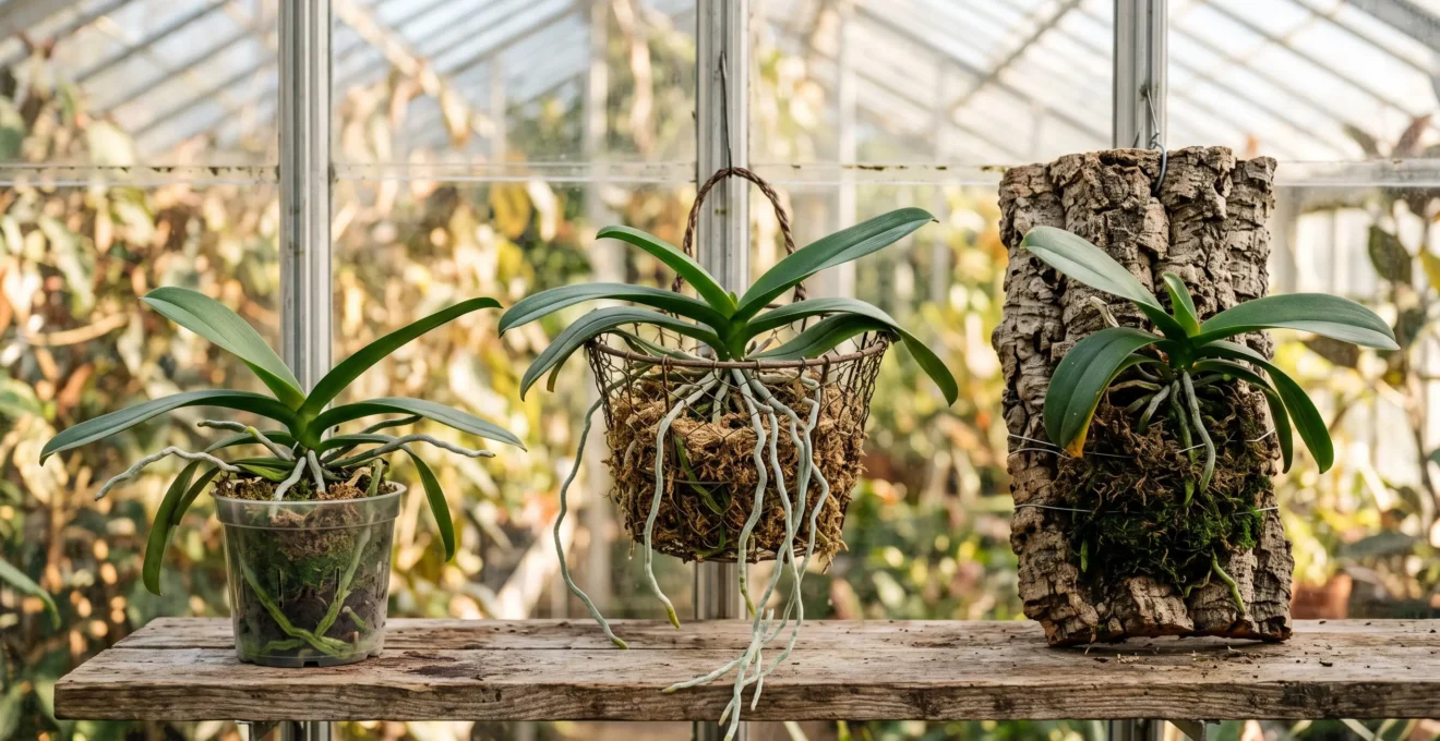 Trois methodes de culture d'orchidee presentees ensemble : pot transparent, panier suspendu aere et montage sur ecorce, dans une veranda lumineuse.