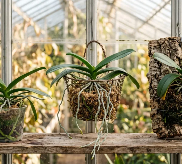 Trois methodes de culture d'orchidee presentees ensemble : pot transparent, panier suspendu aere et montage sur ecorce, dans une veranda lumineuse.