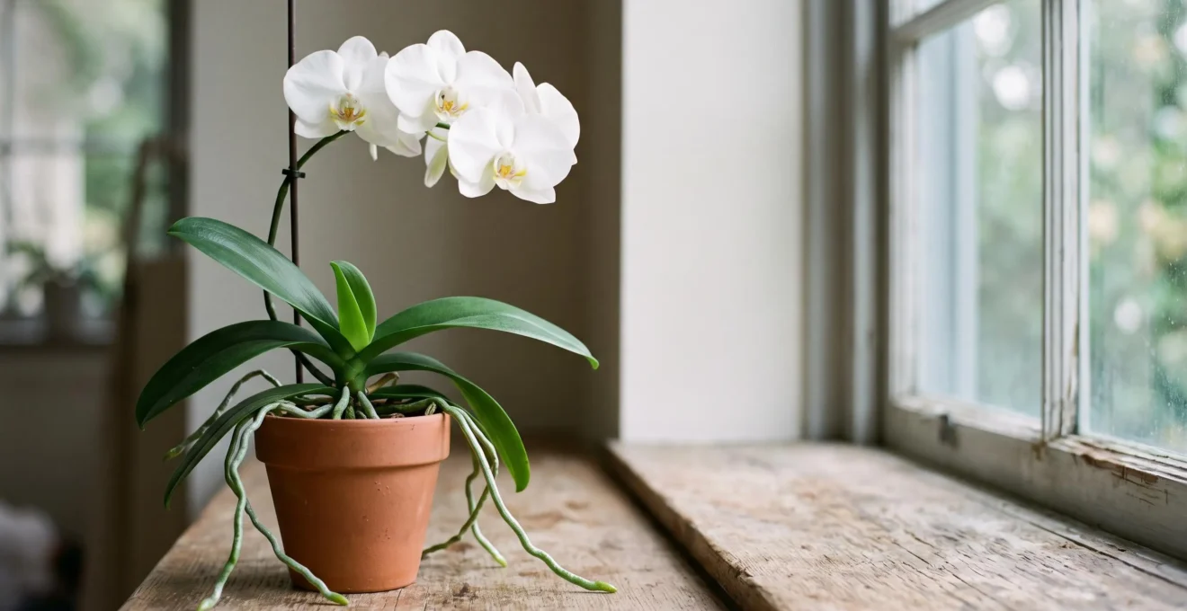 Orchidée Phalaenopsis vigoureuse avec racines vertes saines et nouvelle feuille en croissance active près d'une fenêtre lumineuse