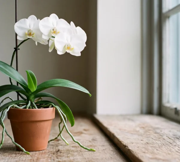 Orchidée Phalaenopsis vigoureuse avec racines vertes saines et nouvelle feuille en croissance active près d'une fenêtre lumineuse