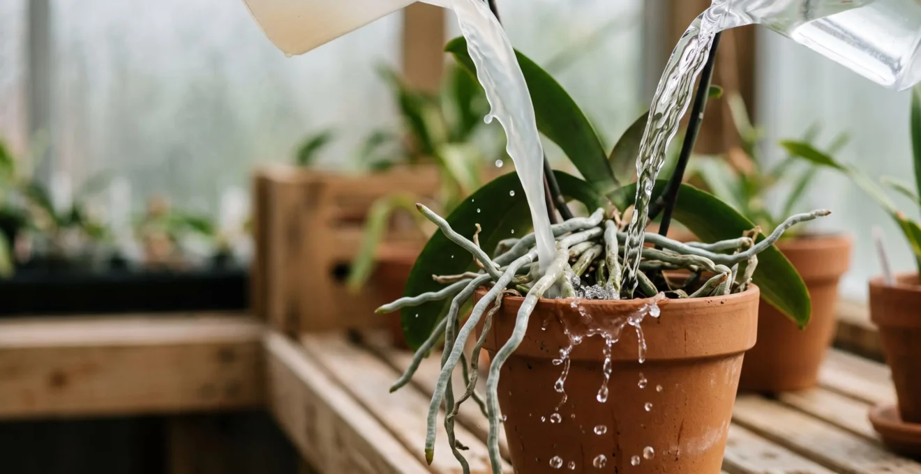 Deux arrosoirs côte à côte, l'un versant une eau trouble calcaire et l'autre une eau limpide, sur des racines d'orchidée exposées