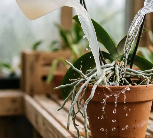 Deux arrosoirs côte à côte, l'un versant une eau trouble calcaire et l'autre une eau limpide, sur des racines d'orchidée exposées