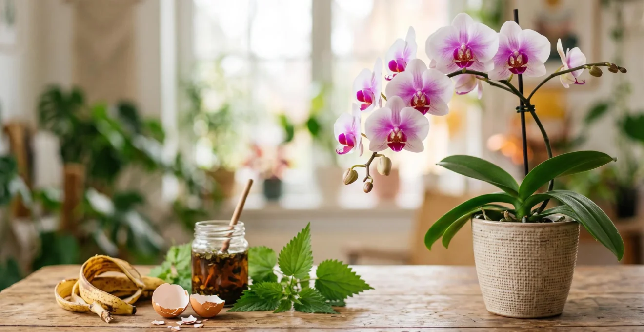 Composition élégante d'ingrédients naturels bio pour fertiliser des orchidées en fleur, dans une ambiance de jardin lumineux