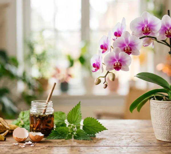 Composition élégante d'ingrédients naturels bio pour fertiliser des orchidées en fleur, dans une ambiance de jardin lumineux