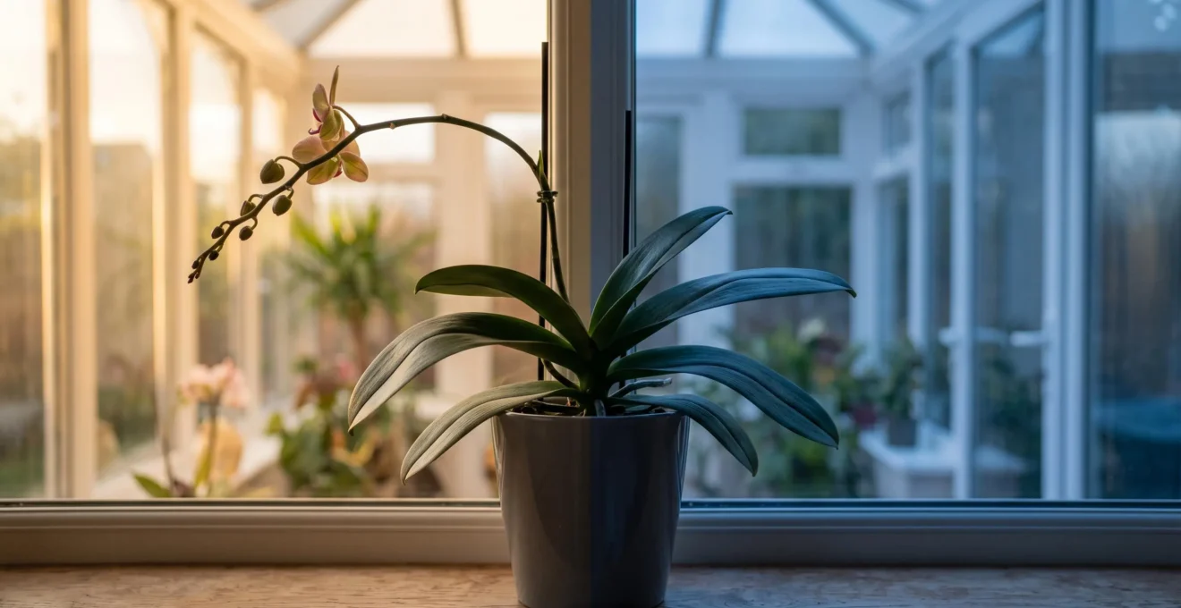Orchidee en pleine induction florale, mise en scene entre lumiere chaude du jour et fraicheur bleutee de la nuit