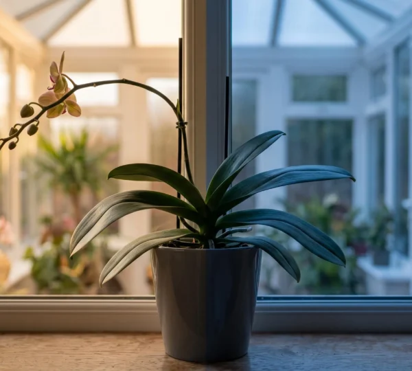 Orchidee en pleine induction florale, mise en scene entre lumiere chaude du jour et fraicheur bleutee de la nuit