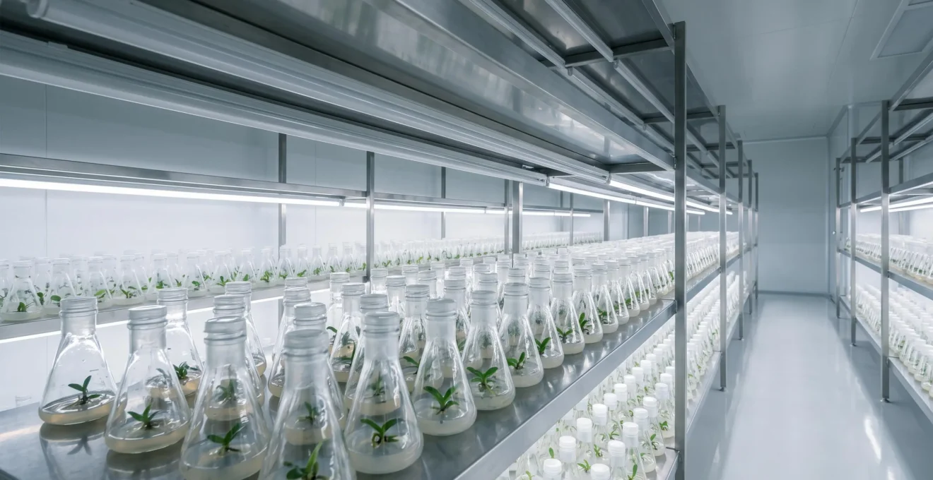 Rangées de flacons de culture in vitro contenant de jeunes plantules d'orchidées dans un laboratoire moderne