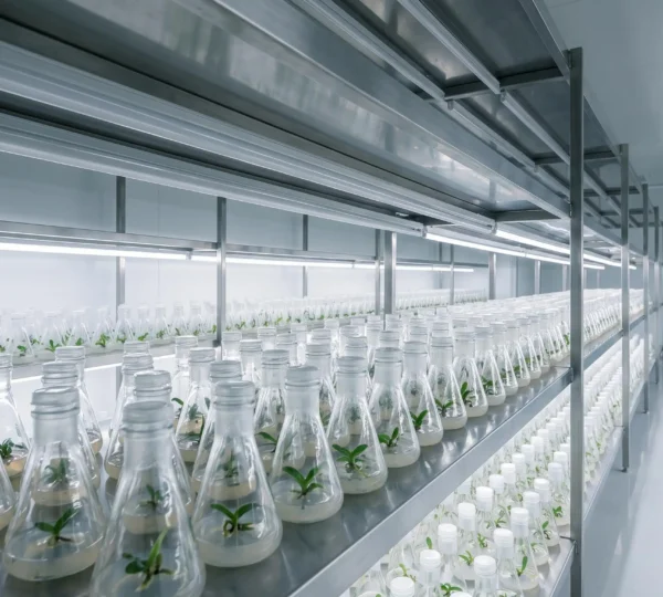 Rangées de flacons de culture in vitro contenant de jeunes plantules d'orchidées dans un laboratoire moderne