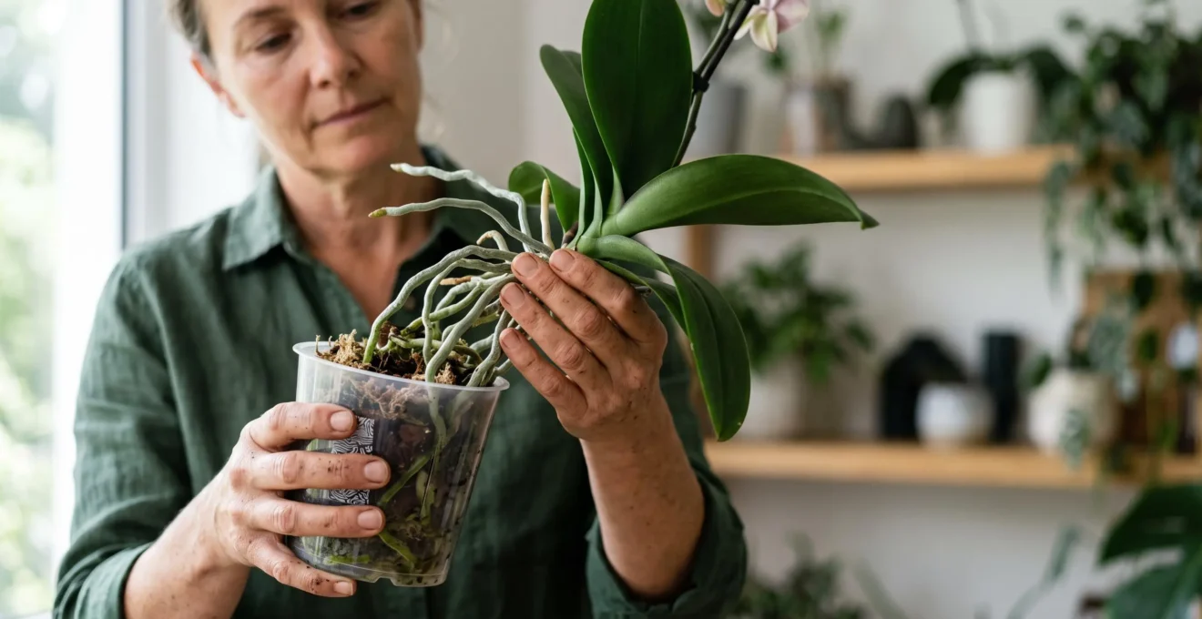 Mains d'un jardinier examinant délicatement les racines argentées d'une orchidée au-dessus d'un pot transparent à réserve d'eau, dans une lumière naturelle douce.