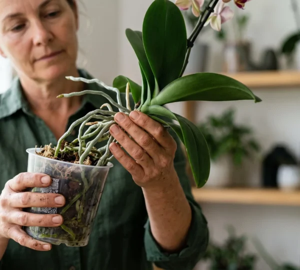 Mains d'un jardinier examinant délicatement les racines argentées d'une orchidée au-dessus d'un pot transparent à réserve d'eau, dans une lumière naturelle douce.