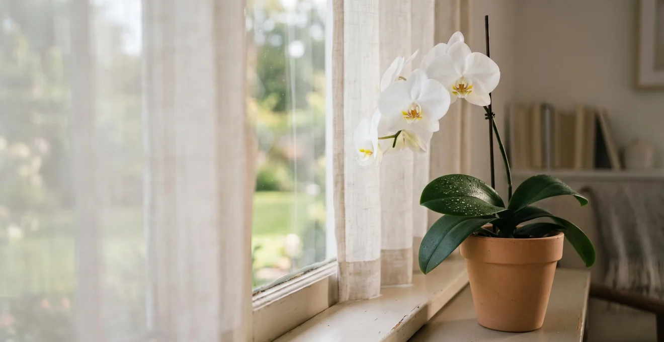 Orchidée Phalaenopsis aux fleurs blanches baignée d'une lumière naturelle douce, évoquant la production d'oxygène en journée