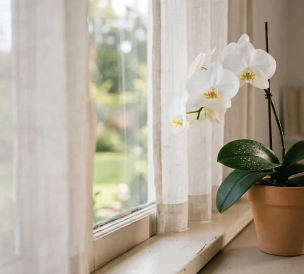 Orchidée Phalaenopsis aux fleurs blanches baignée d'une lumière naturelle douce, évoquant la production d'oxygène en journée