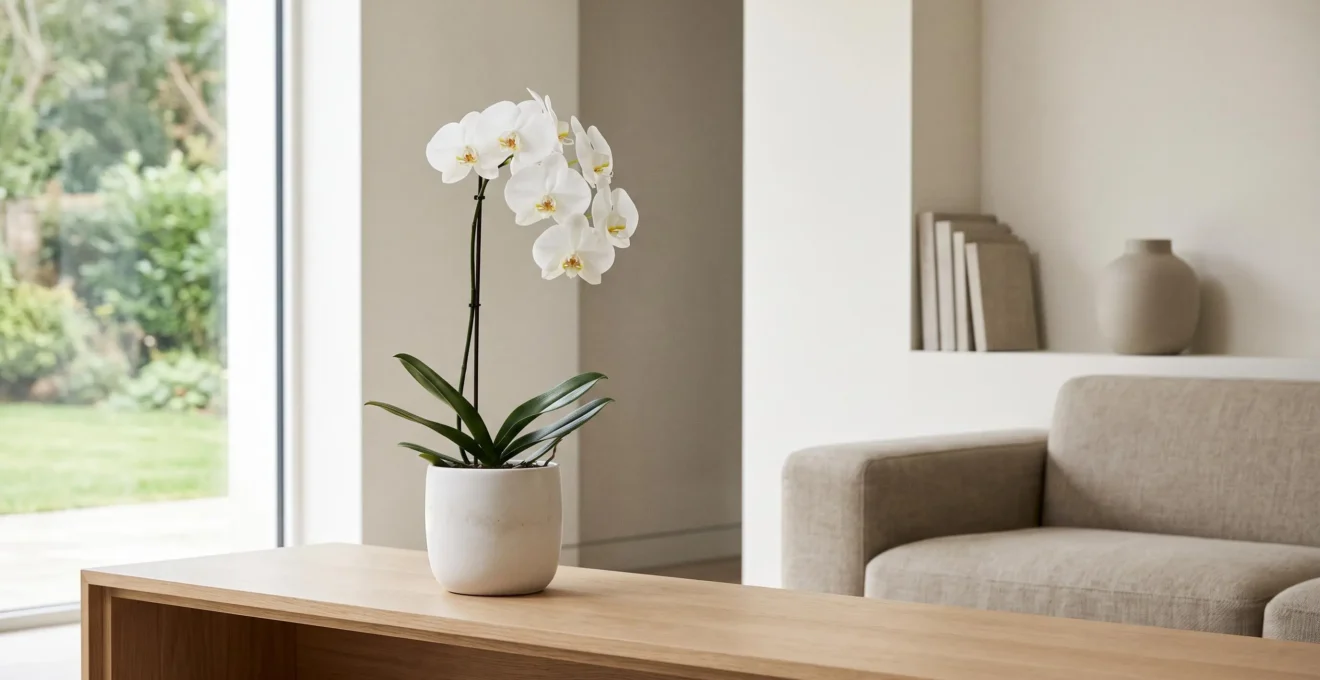 Orchidée blanche élégante posée sur une console design dans un salon contemporain lumineux