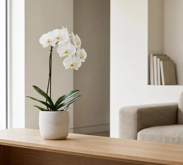 Orchidée blanche élégante posée sur une console design dans un salon contemporain lumineux