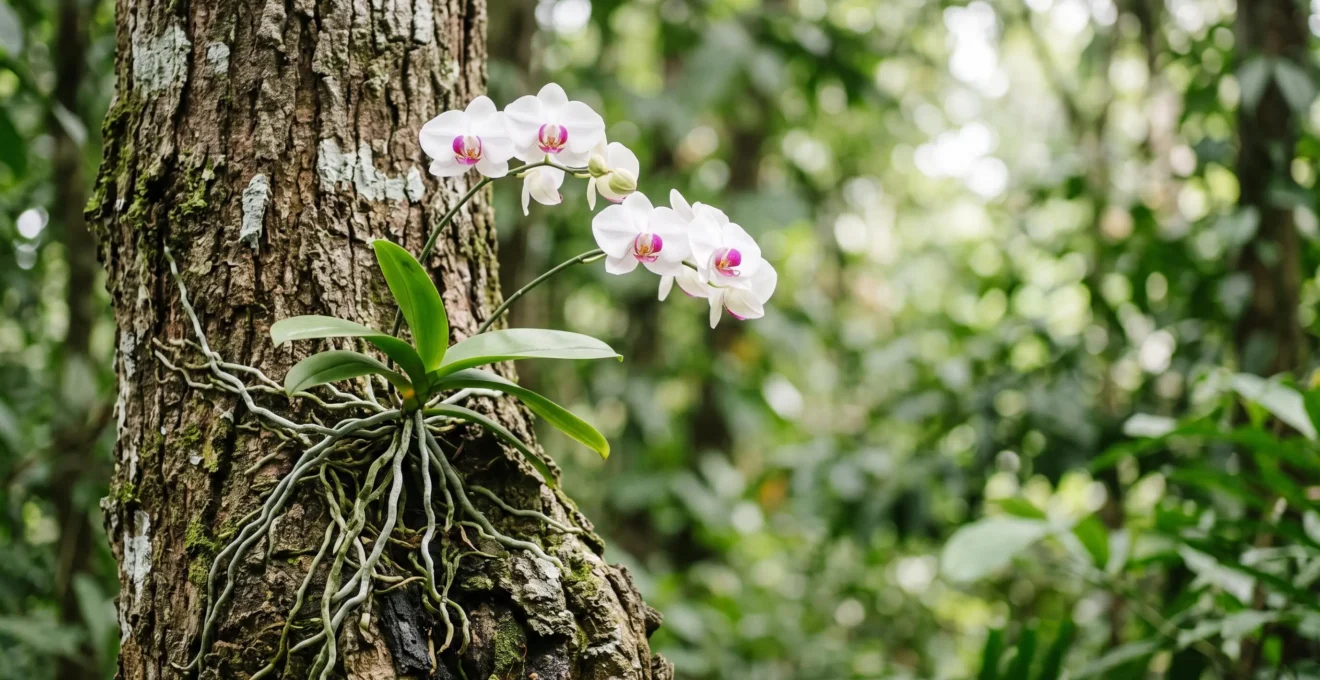 Orchidee epiphyte aux racines aeriennes argentees agrippee a l'ecorce d'un arbre, sans aucun sol visible