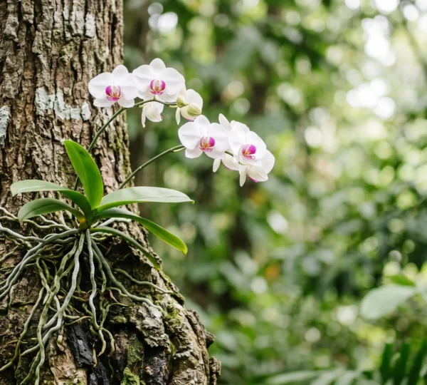 Orchidee epiphyte aux racines aeriennes argentees agrippee a l'ecorce d'un arbre, sans aucun sol visible