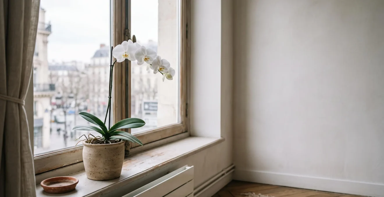 Orchidée Phalaenopsis placée près d'une fenêtre orientée nord dans un appartement lumineux et épuré