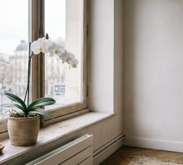 Orchidée Phalaenopsis placée près d'une fenêtre orientée nord dans un appartement lumineux et épuré