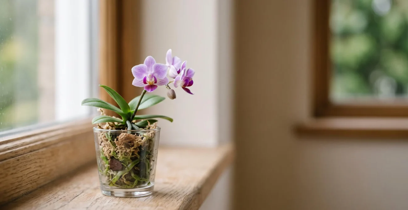 Portrait editorial en gros plan d'une orchidee miniature aux fleurs delicates, mise en valeur comme un bijou vegetal