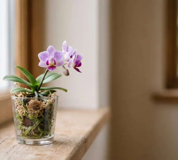 Portrait editorial en gros plan d'une orchidee miniature aux fleurs delicates, mise en valeur comme un bijou vegetal