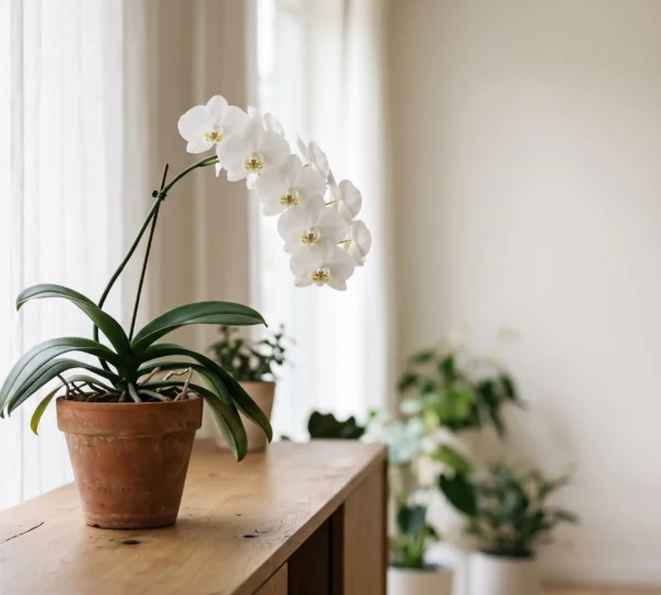Orchidée blanche baignée de lumière naturelle dans un salon épuré, symbole du débat entre mythe et science sur la dépollution de l'air intérieur