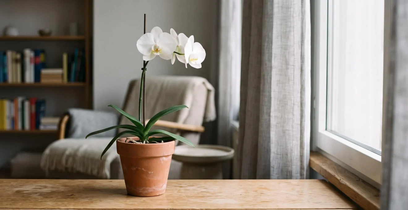Orchidée blanche posée sur le rebord d'une fenêtre dans un salon à la lumière naturelle douce et tamisée