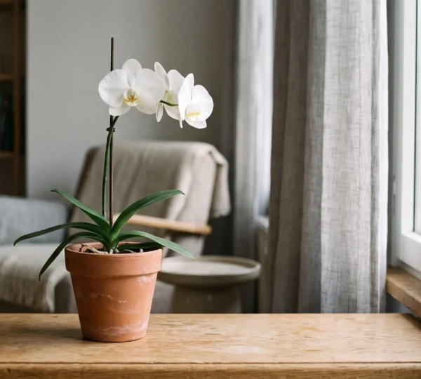 Orchidée blanche posée sur le rebord d'une fenêtre dans un salon à la lumière naturelle douce et tamisée