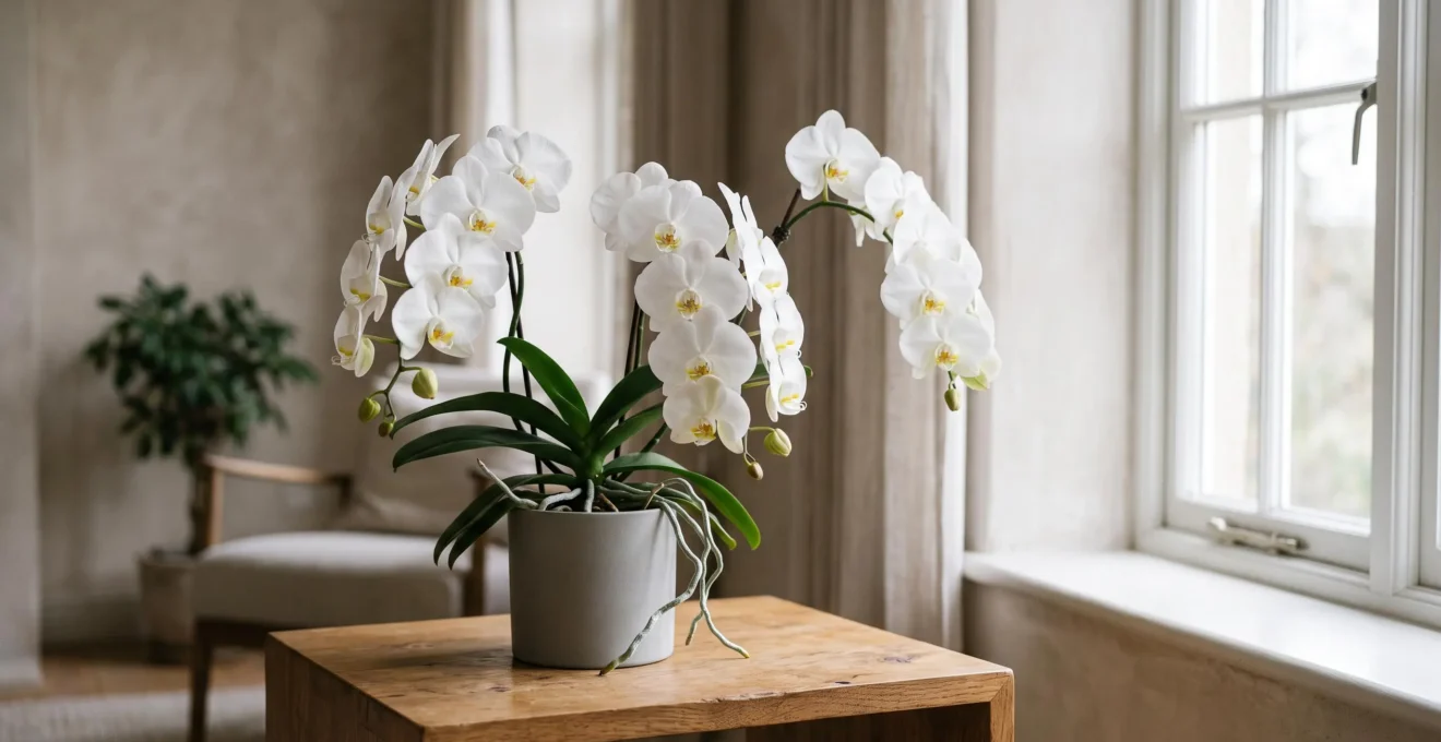 Orchidée Phalaenopsis aux fleurs blanches épanouies, placée près d'une fenêtre lumineuse dans un intérieur épuré