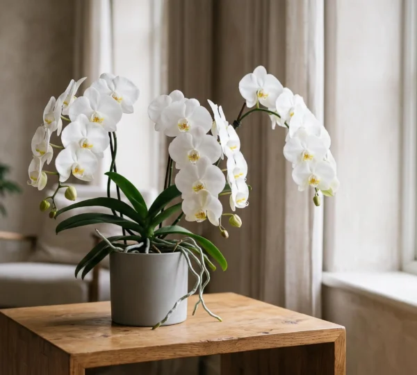 Orchidée Phalaenopsis aux fleurs blanches épanouies, placée près d'une fenêtre lumineuse dans un intérieur épuré