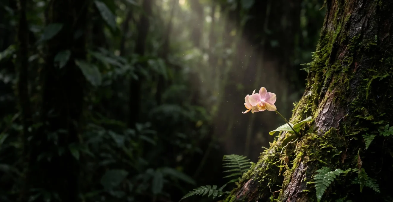 Orchidée sauvage isolée dans une clairière de forêt tropicale, symbole de la fragilité des espèces menacées d'extinction