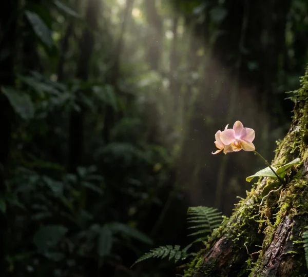 Orchidée sauvage isolée dans une clairière de forêt tropicale, symbole de la fragilité des espèces menacées d'extinction