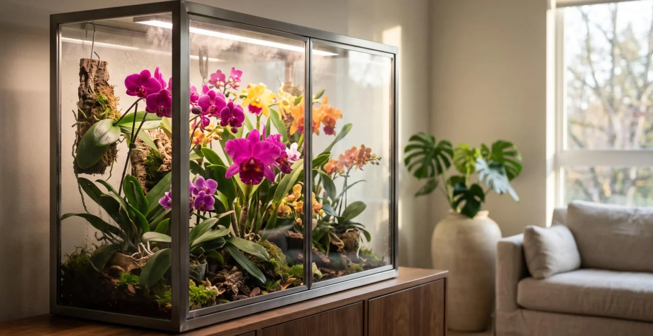 Orchidées tropicales épanouies dans un salon lumineux avec une atmosphère humide et chaude reconstituée