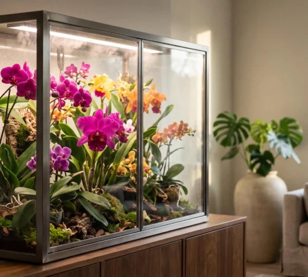 Orchidées tropicales épanouies dans un salon lumineux avec une atmosphère humide et chaude reconstituée