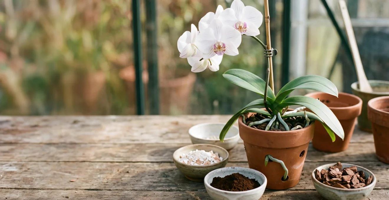 Orchidée phalaenopsis en pot de culture entourée d'éléments organiques naturels pour une fertilisation bio équilibrée