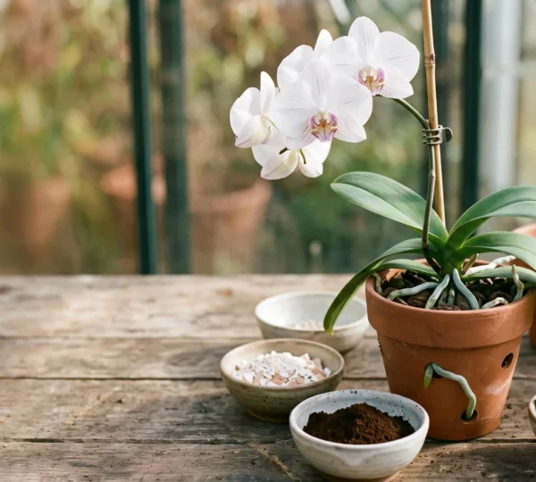 Orchidée phalaenopsis en pot de culture entourée d'éléments organiques naturels pour une fertilisation bio équilibrée