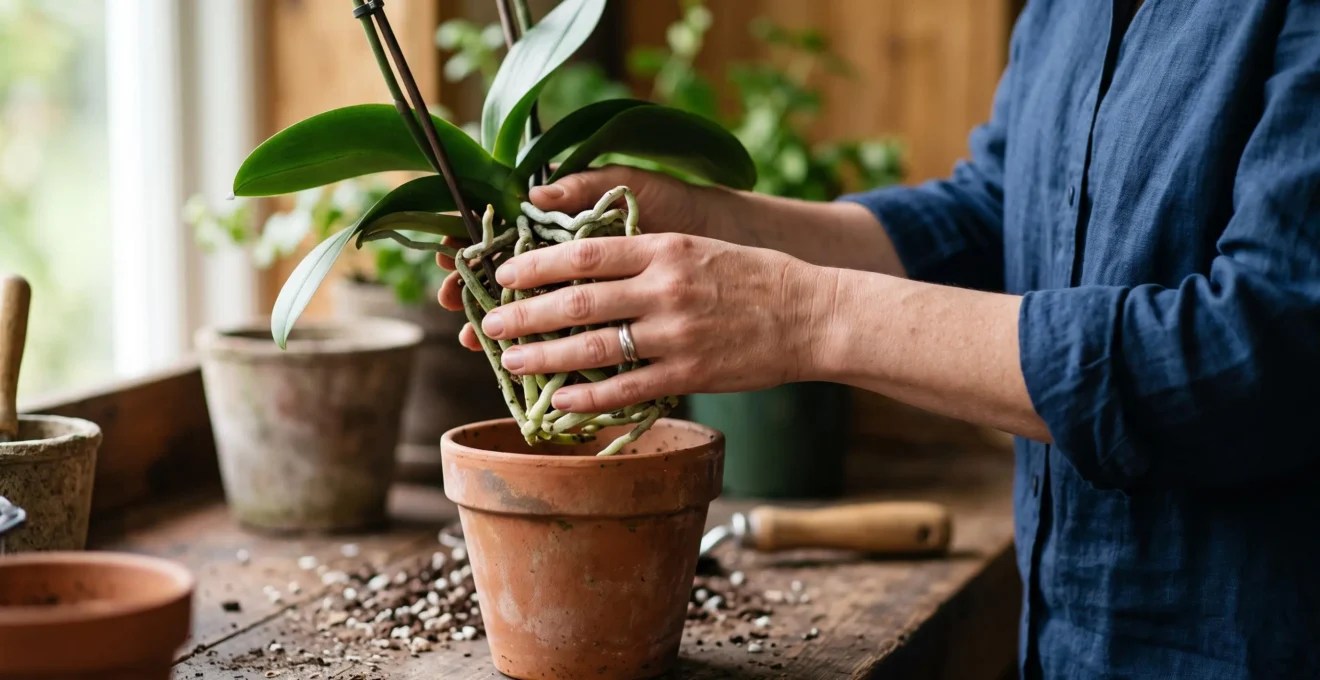 Mains prenant soin avec délicatesse des racines d'une orchidée lors d'une opération de rempotage